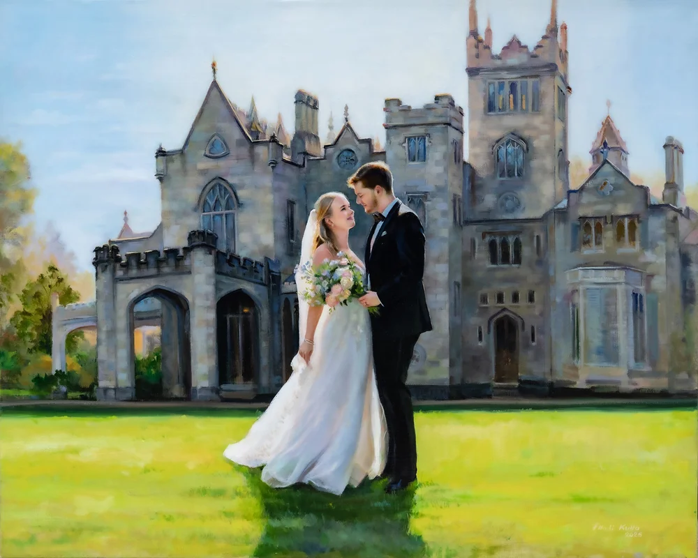 Live wedding painting of Alexa and Girault at Lyndhurst Mansion in Tarrytown, New York