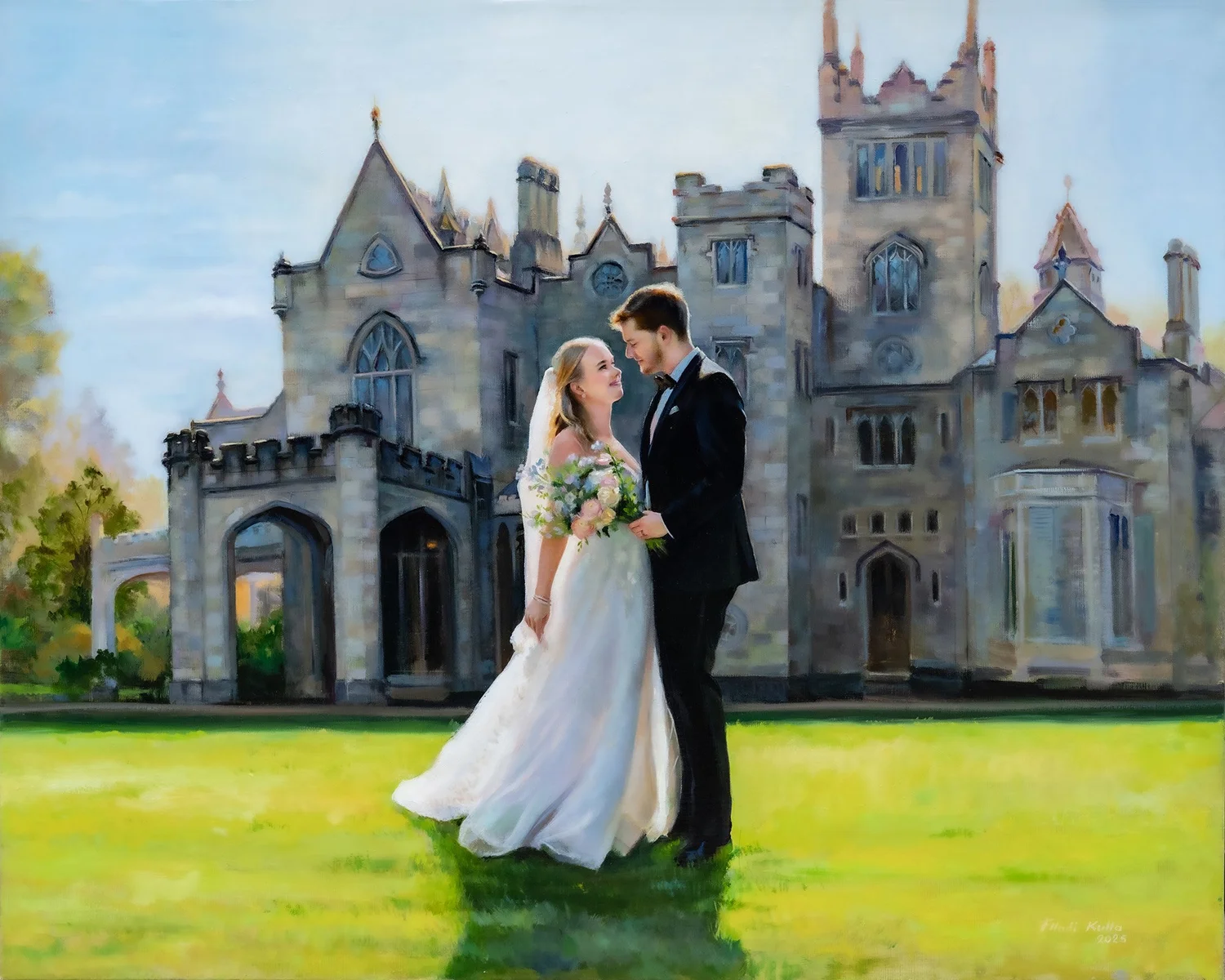 Luxury live wedding painting of Alexa and Girault at Lyndhurst Mansion in Tarrytown, New York
