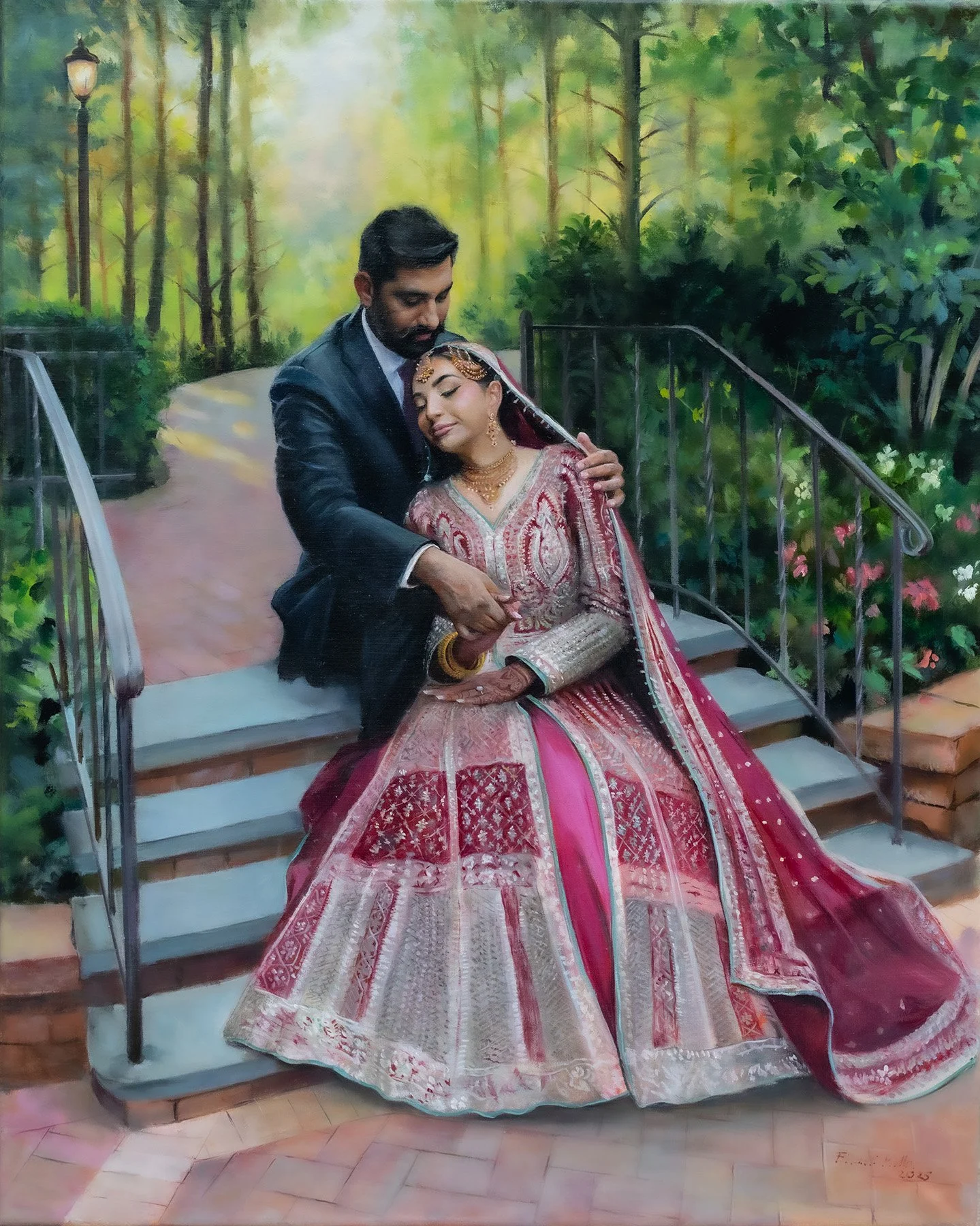 Live wedding painting of Samrah and Afaq at Crest Hollow Country Club in Woodbury, New York by Flladi Kulla