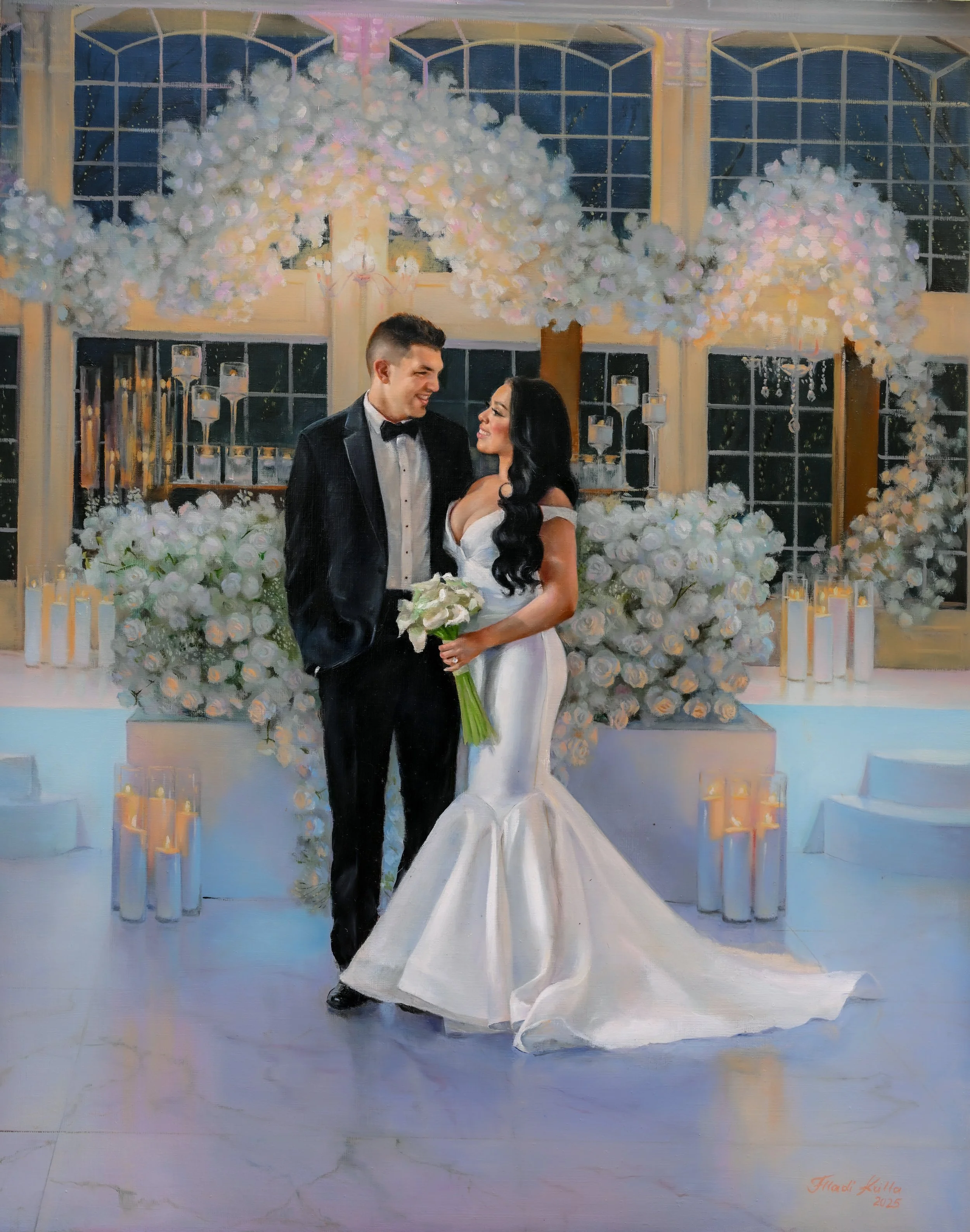 Allison and Arian ballroom wedding painting with white floral installation by live wedding painter Flladi Kulla.