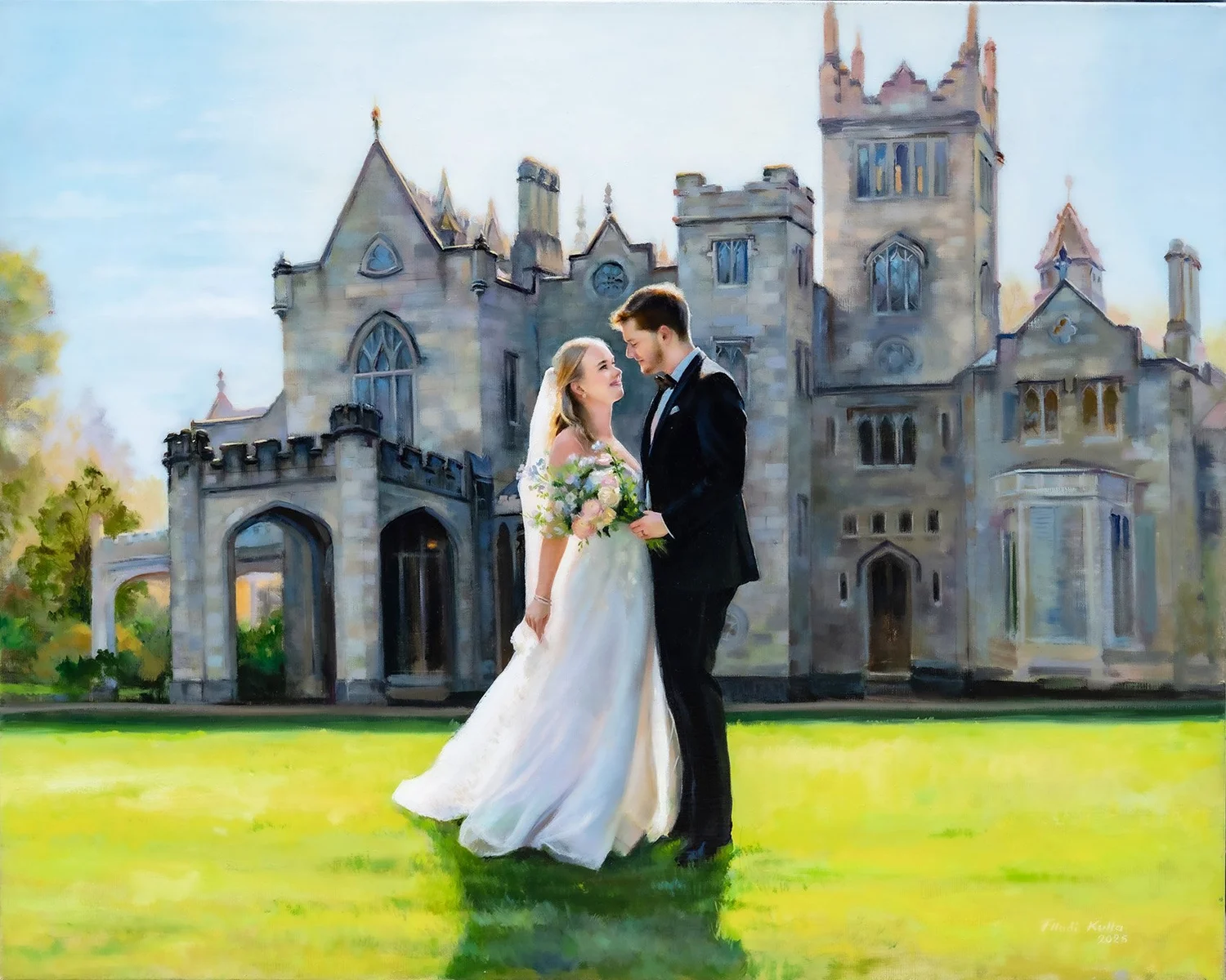 Luxury live wedding painting of Alexa and Girault at Lyndhurst Mansion in Tarrytown, New York by Flladi Kulla