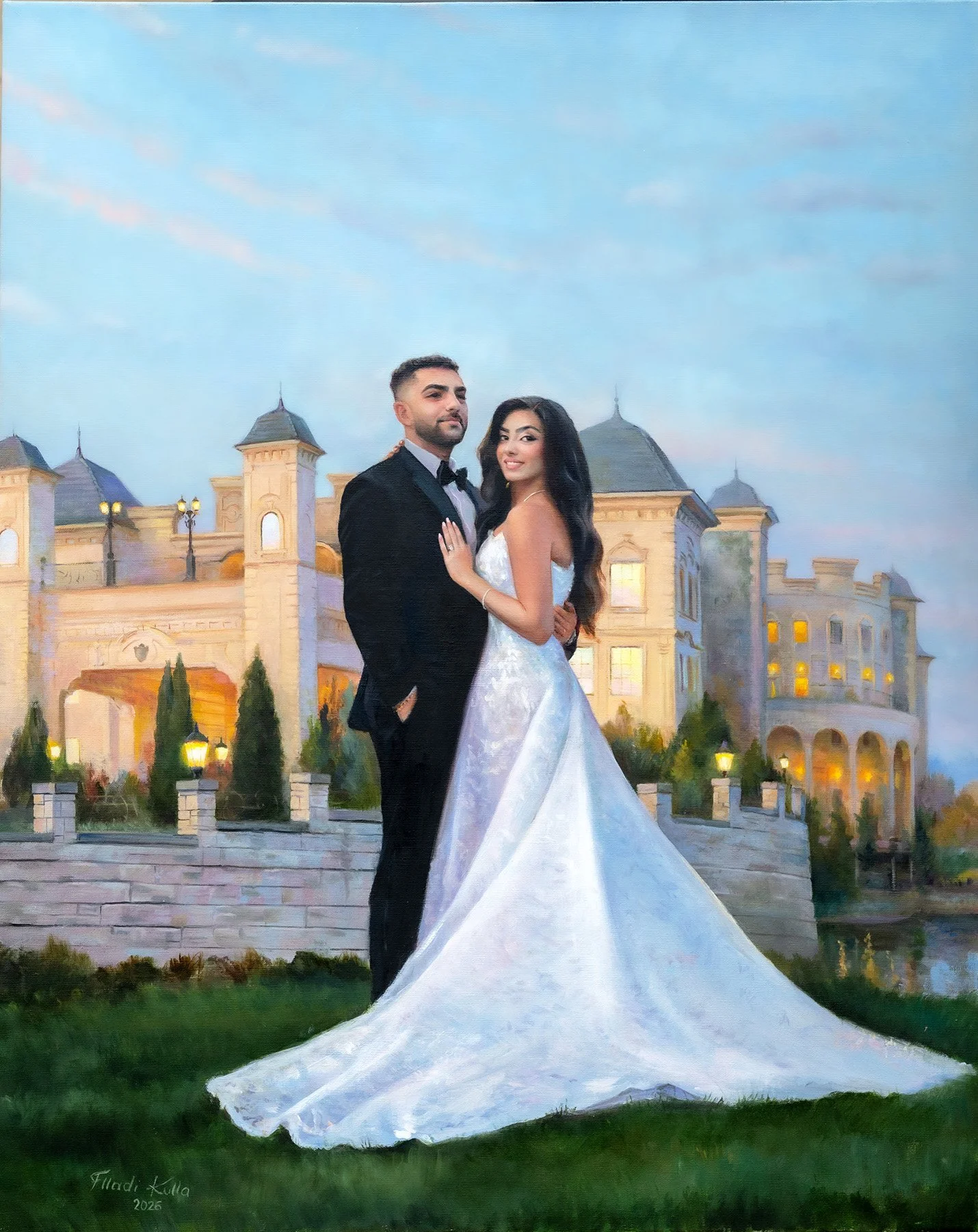 Luxury live wedding painting of Nardine and Bishoy at The Legacy Castle in Pompton Plains, New Jersey by Flladi Kulla