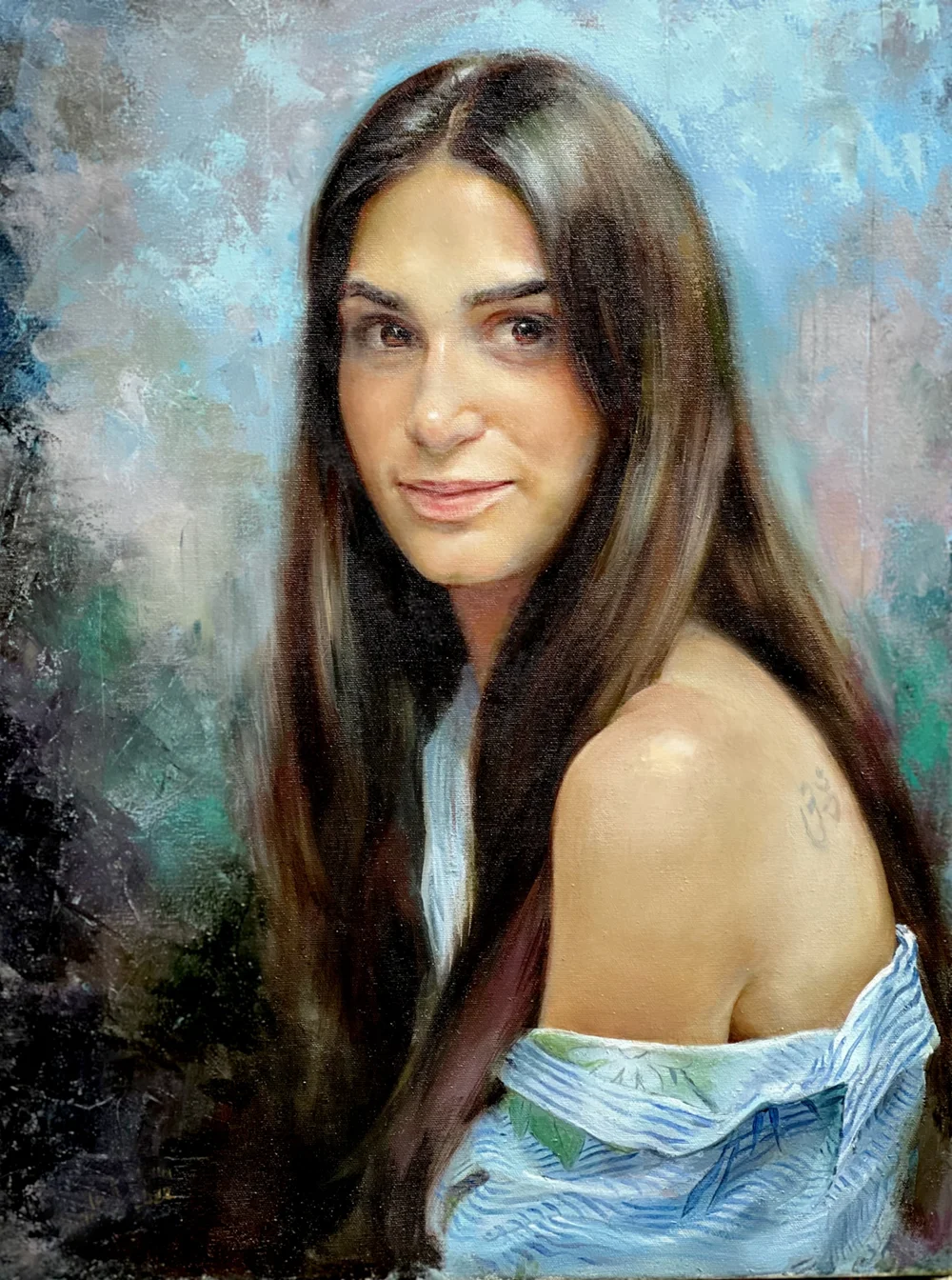 Oil portrait of a young woman with long dark hair against an aqua blue painterly background.