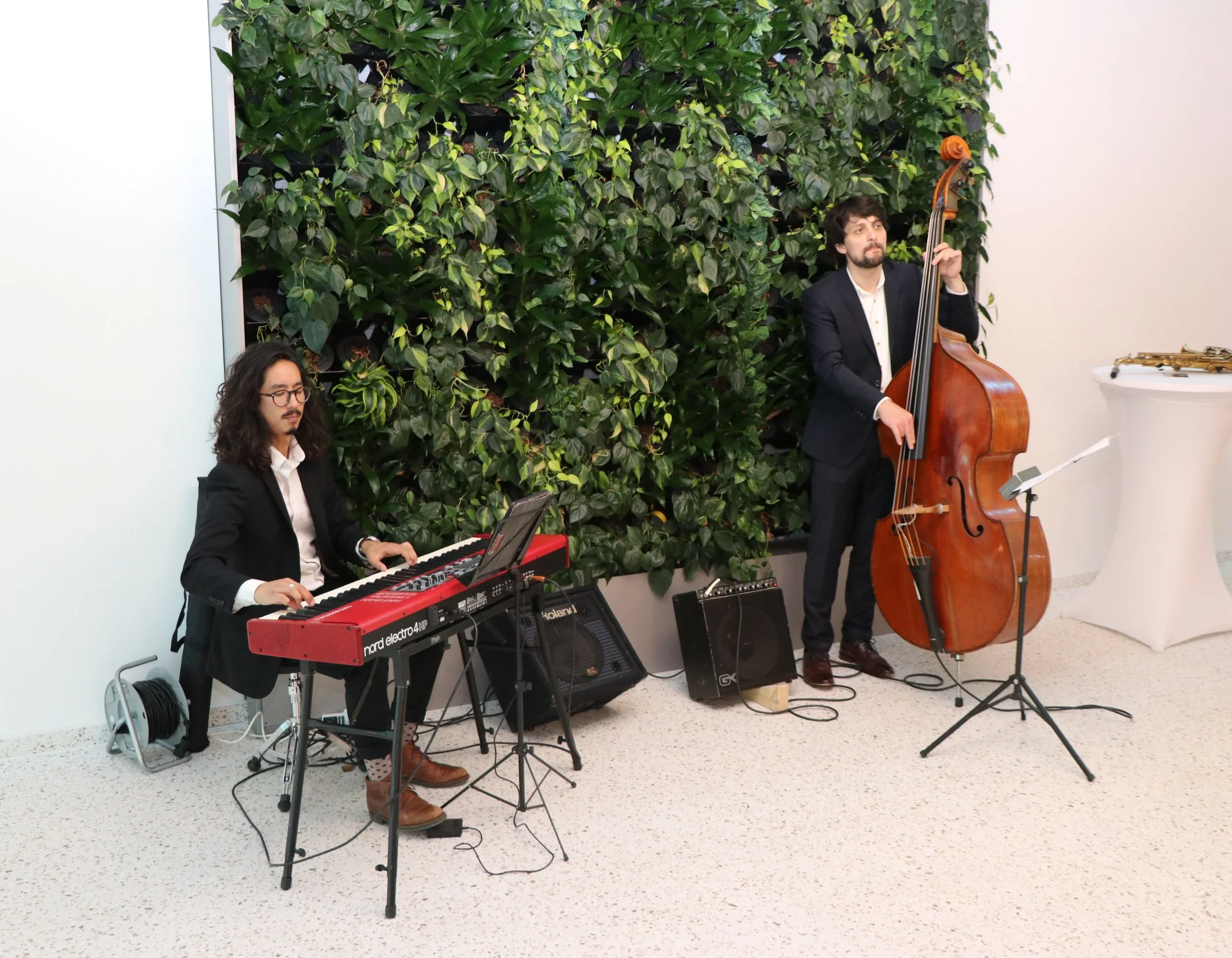 Ein Pianist und ein Kontrabassist vor einer grünen Pflanzenwand