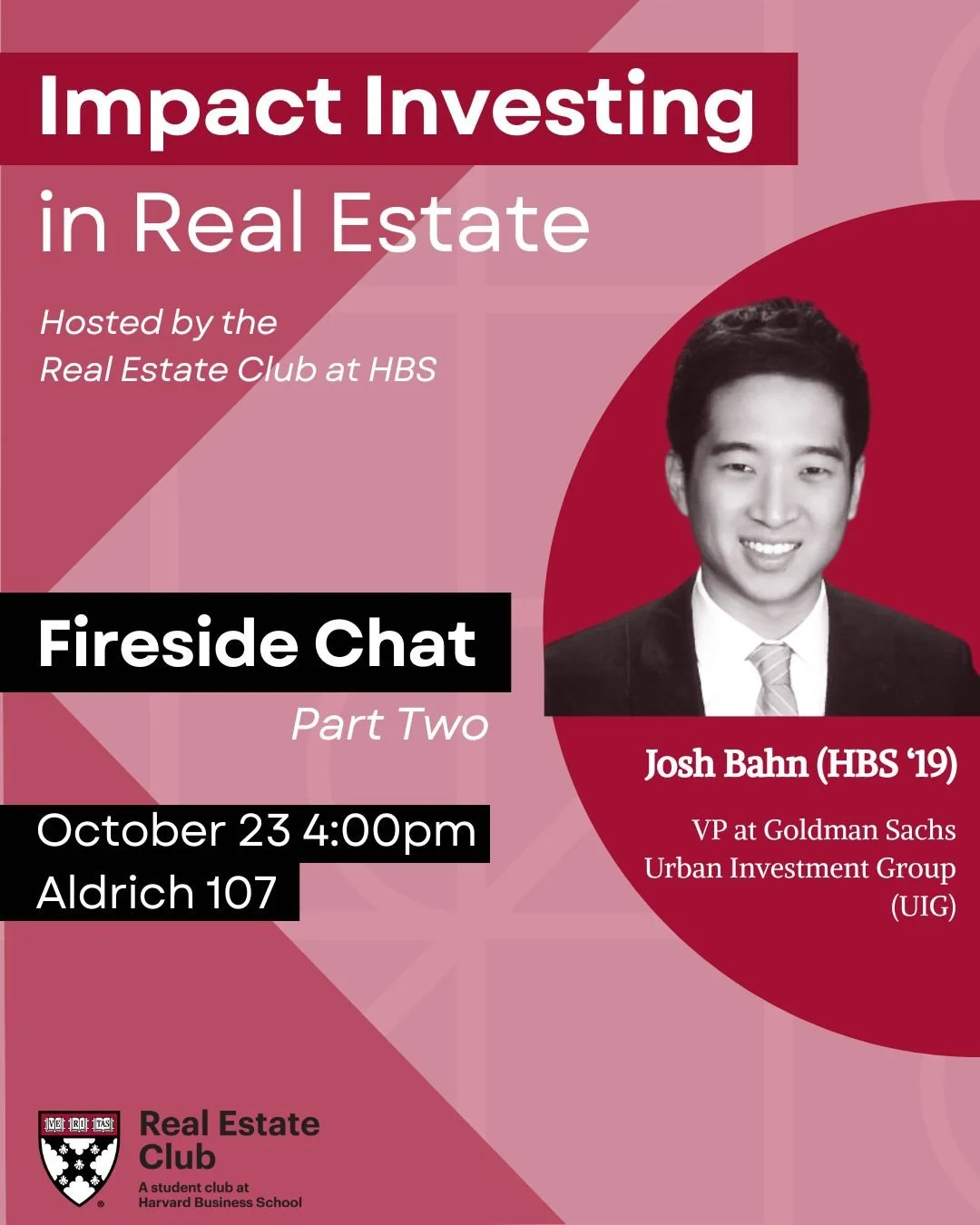 Josh has generously offered to be at both GSD and HBS at two different times, given the programs' different schedules. Feel free to attend whichever time works best for you! Refer to the previous post for the earlier GSD event.
The Real Estate Club