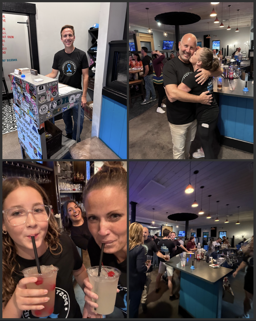 Group of people enjoying a social gathering at a bar with drinks, hugging, and taking selfies, inside a well-lit venue with a modern decor.