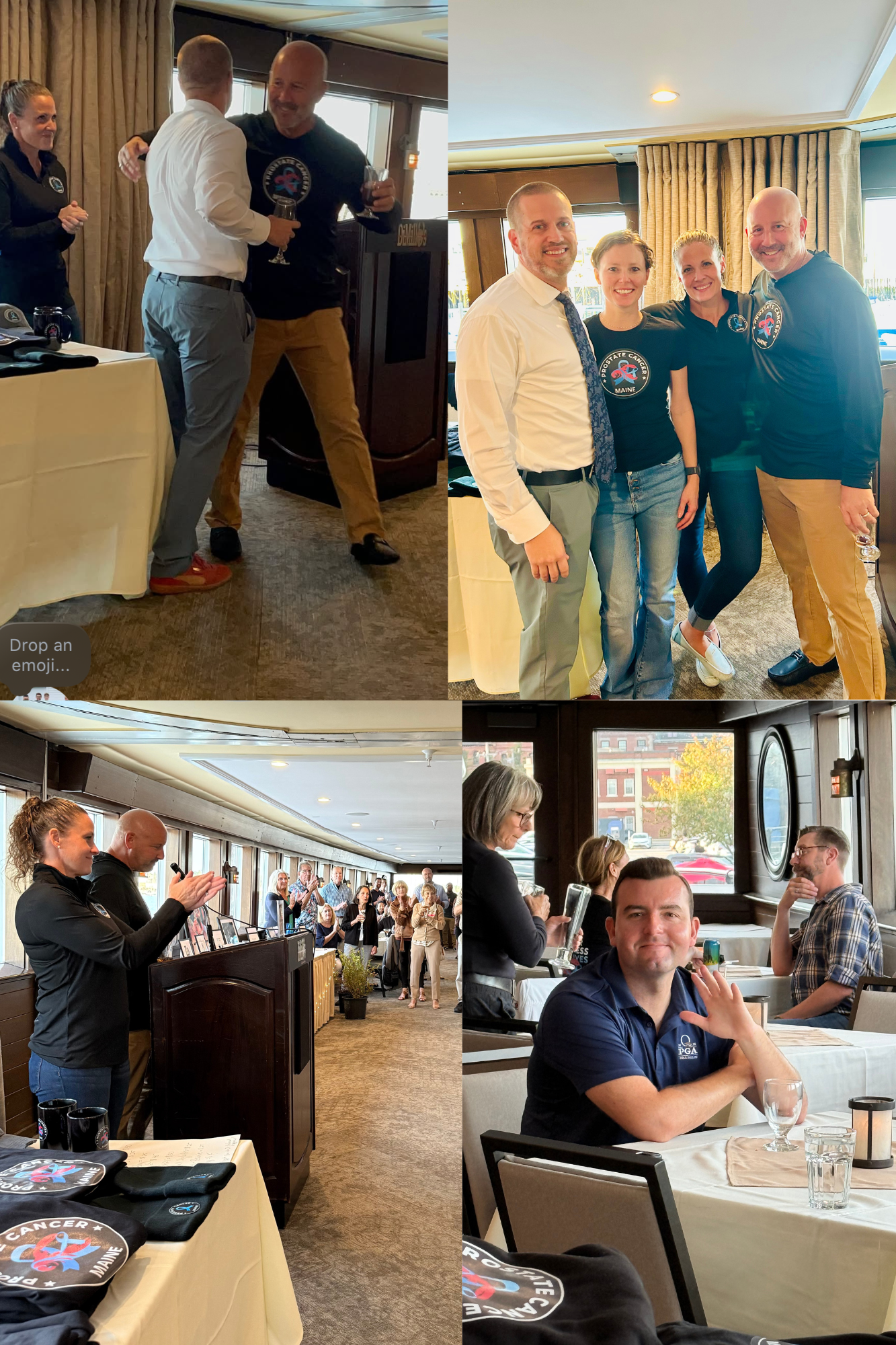 A collage of four photos taken at a social or celebratory event. The top left photo shows two men embracing, with one holding a glass of champagne. The top right photo features four people standing together, smiling for the camera. The bottom left ph