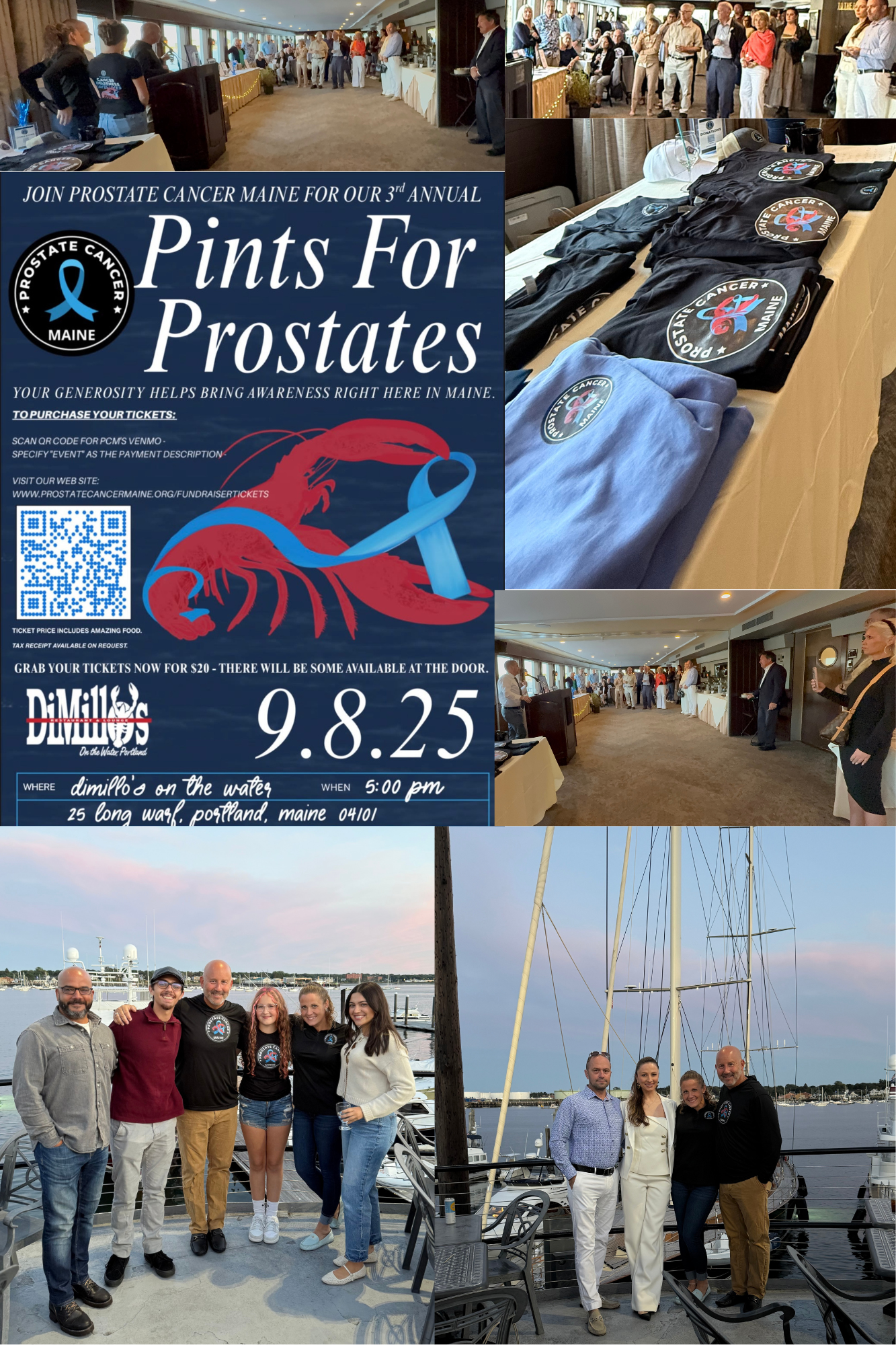 A collage of images from a fundraising event for prostate cancer awareness. Includes a promotional poster for 'Pints for Prostates' with a lobster and ribbon logo, photos of people at registration tables and mingling indoors, and group photos of atte