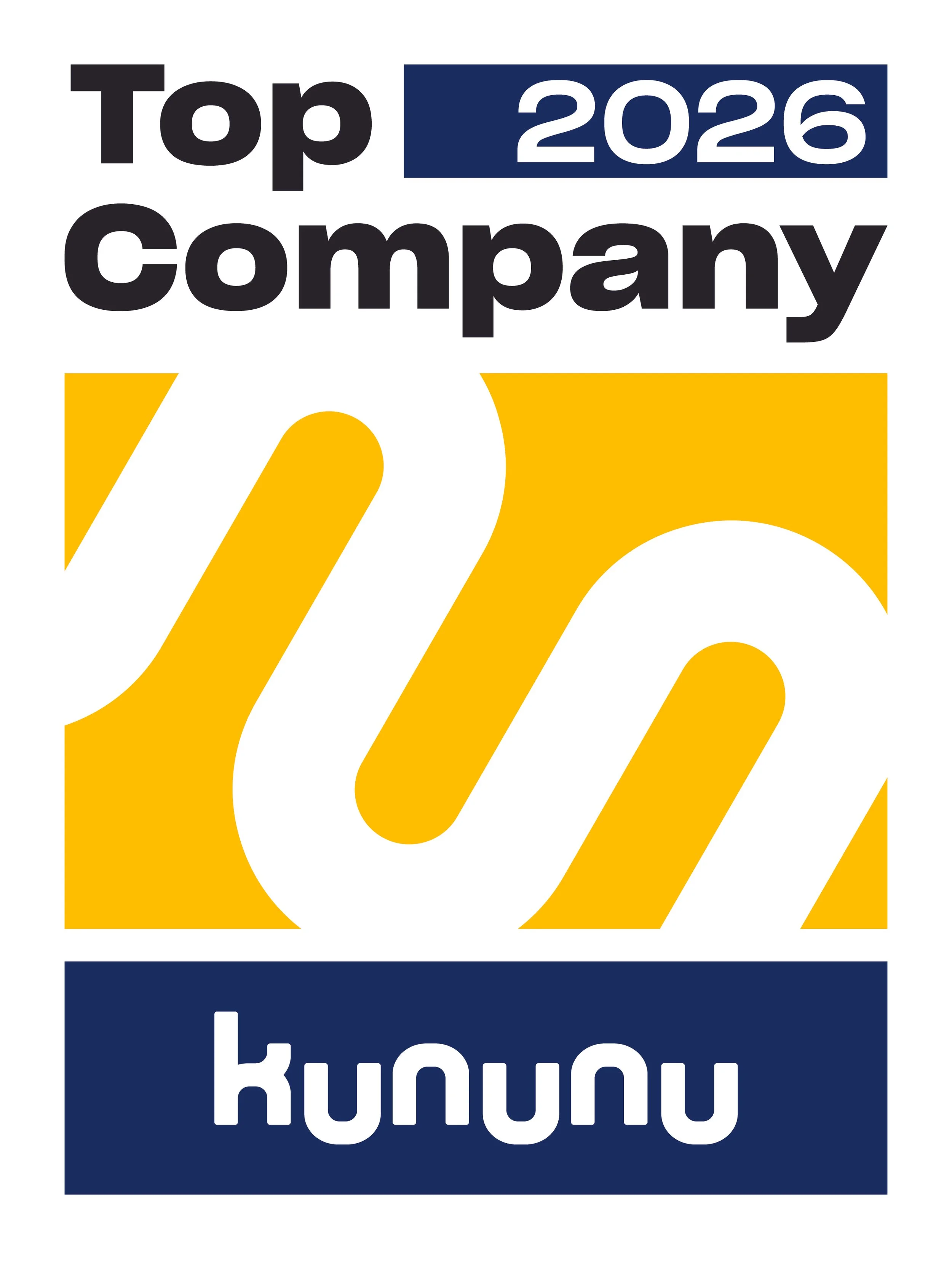 Grafik mit dem Text 'Top 2026 Company' in Schwarz und Blau, mit einer großen Zahl '26' in Weiß auf gelbem Hintergrund, und dem Wort 'kununu' in Weiß auf blauem Hintergrund.