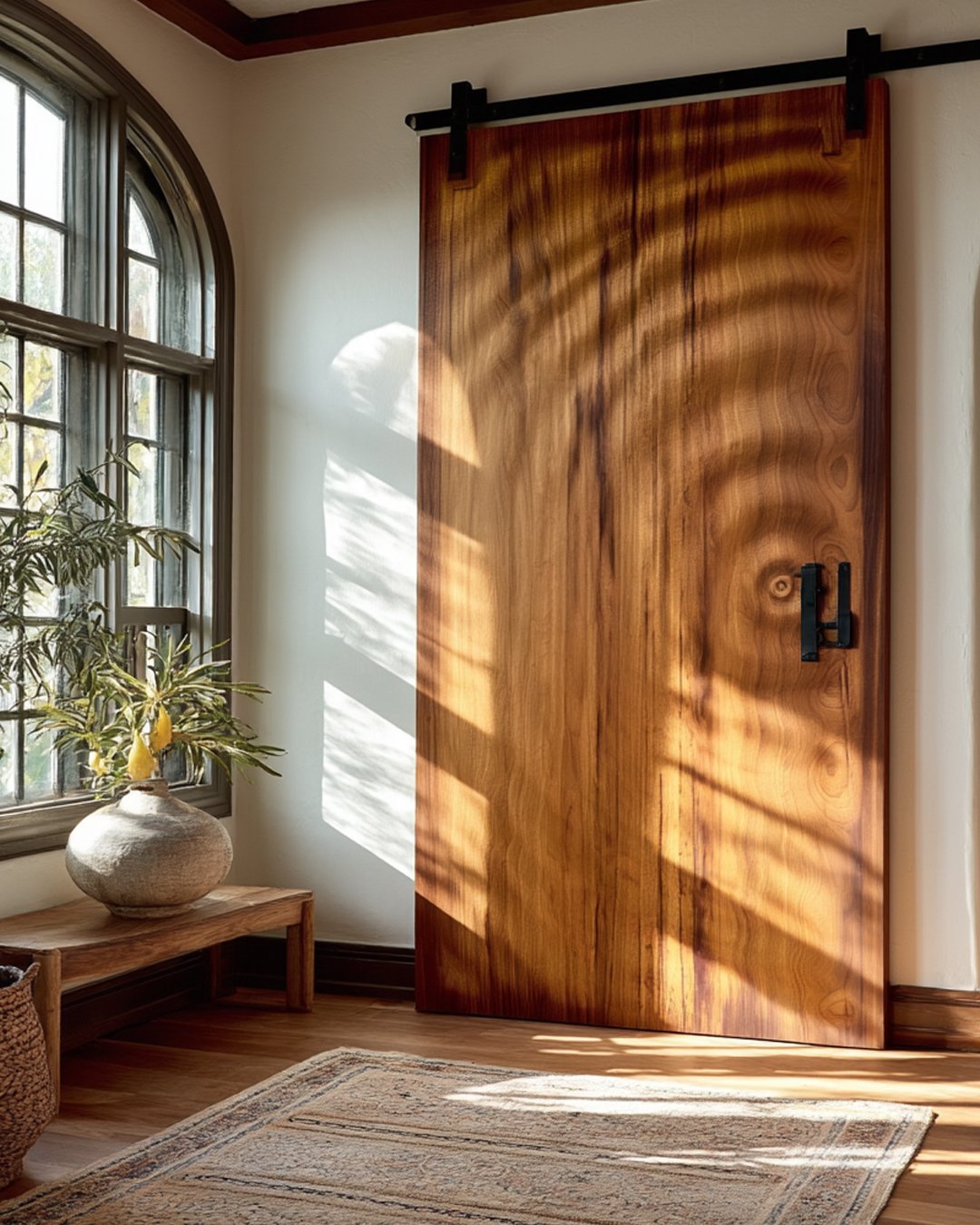 Saumarra carved wood pivot door, installed