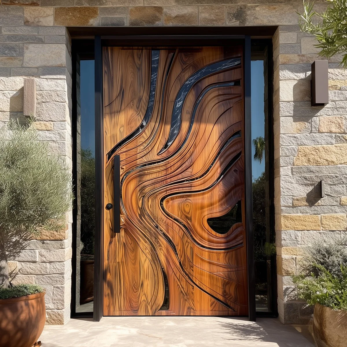 A carved Saumarra door with a river inlay set in a stone wall