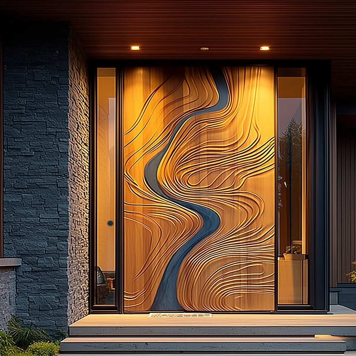 Saumarra carved wood pivot door, installed