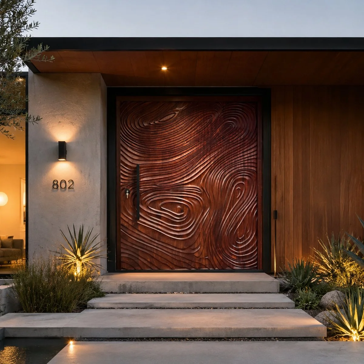 Saumarra carved wood pivot door, installed