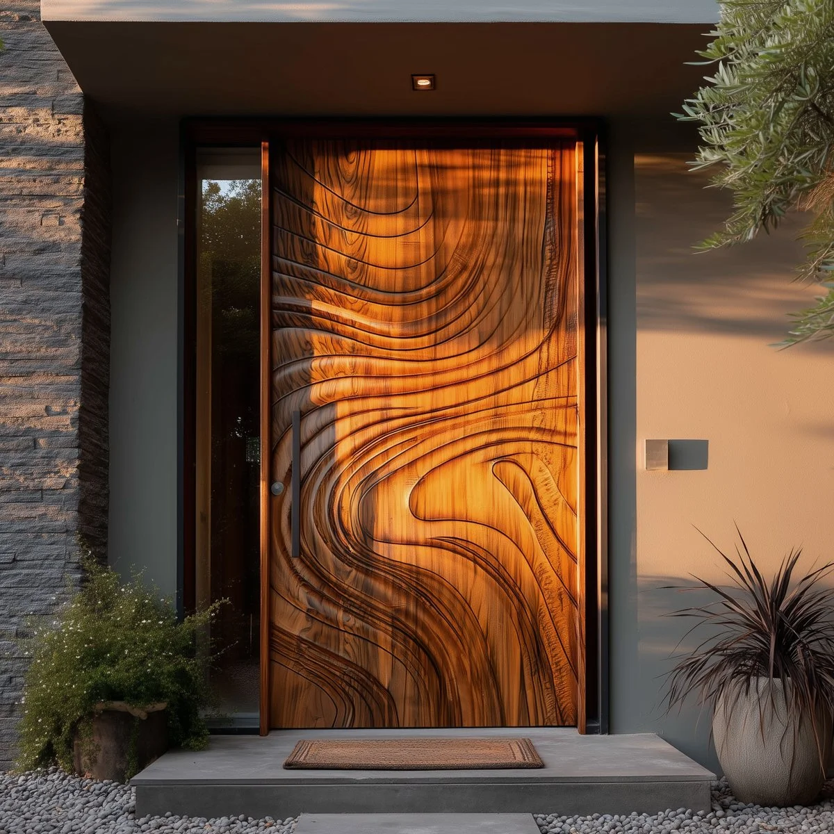 Saumarra carved wood pivot door, installed