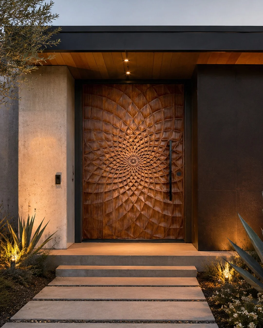 Saumarra carved wood pivot door, installed
