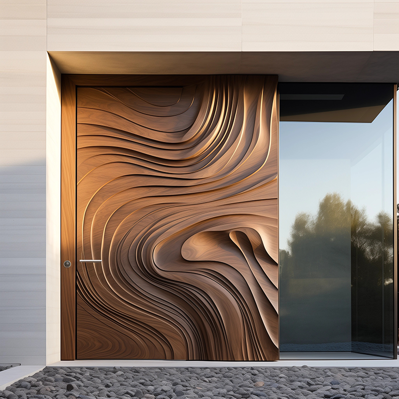 Saumarra carved wood pivot door, installed