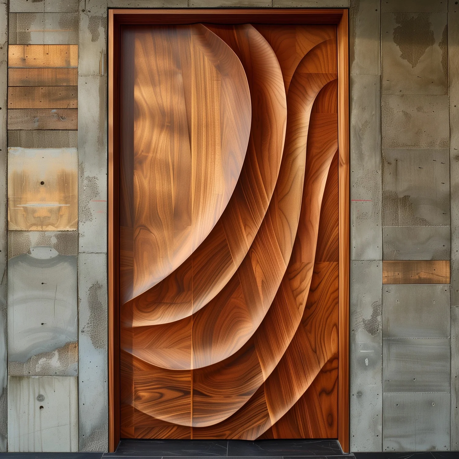 Saumarra carved wood pivot door, installed