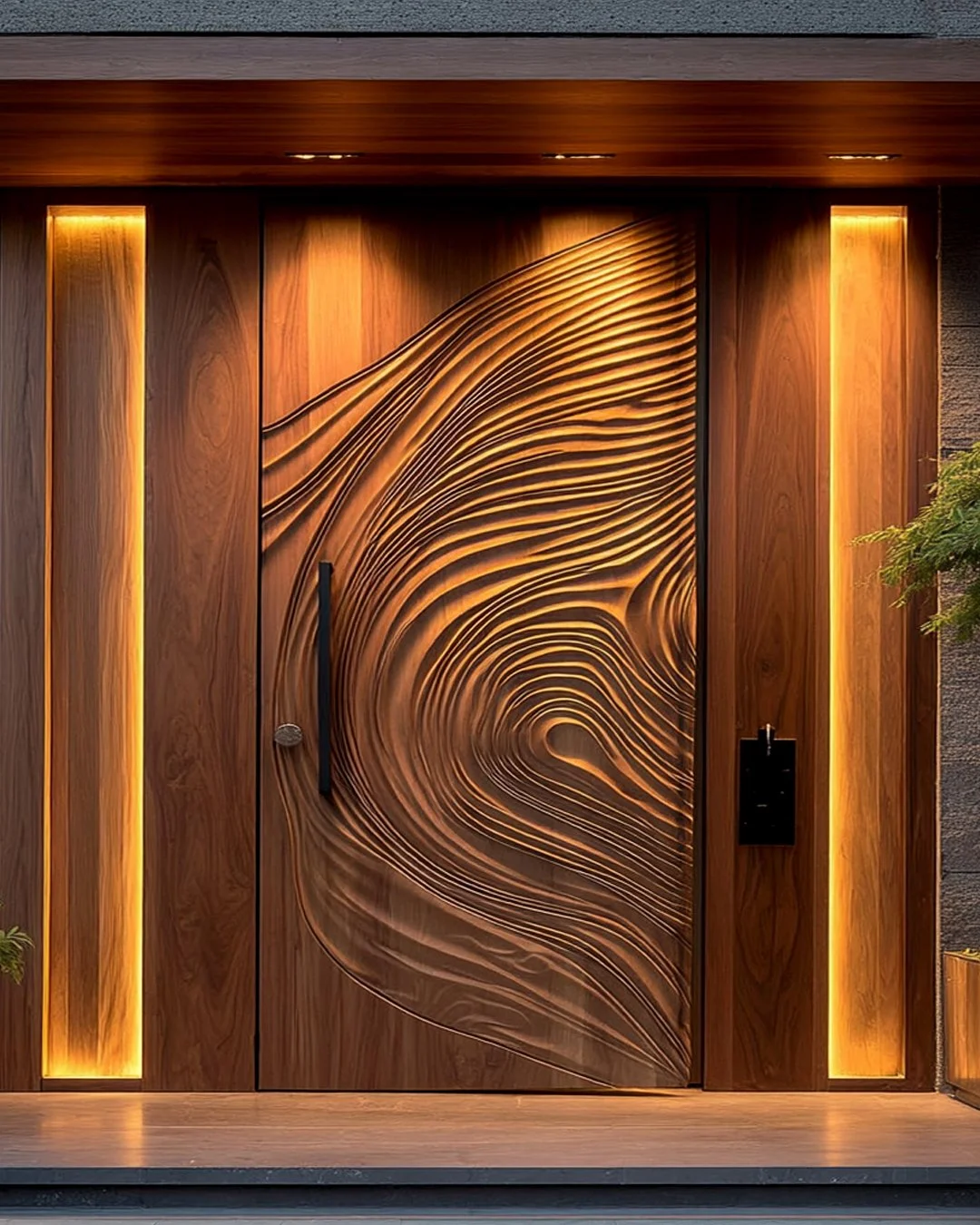 Saumarra carved wood pivot door, installed