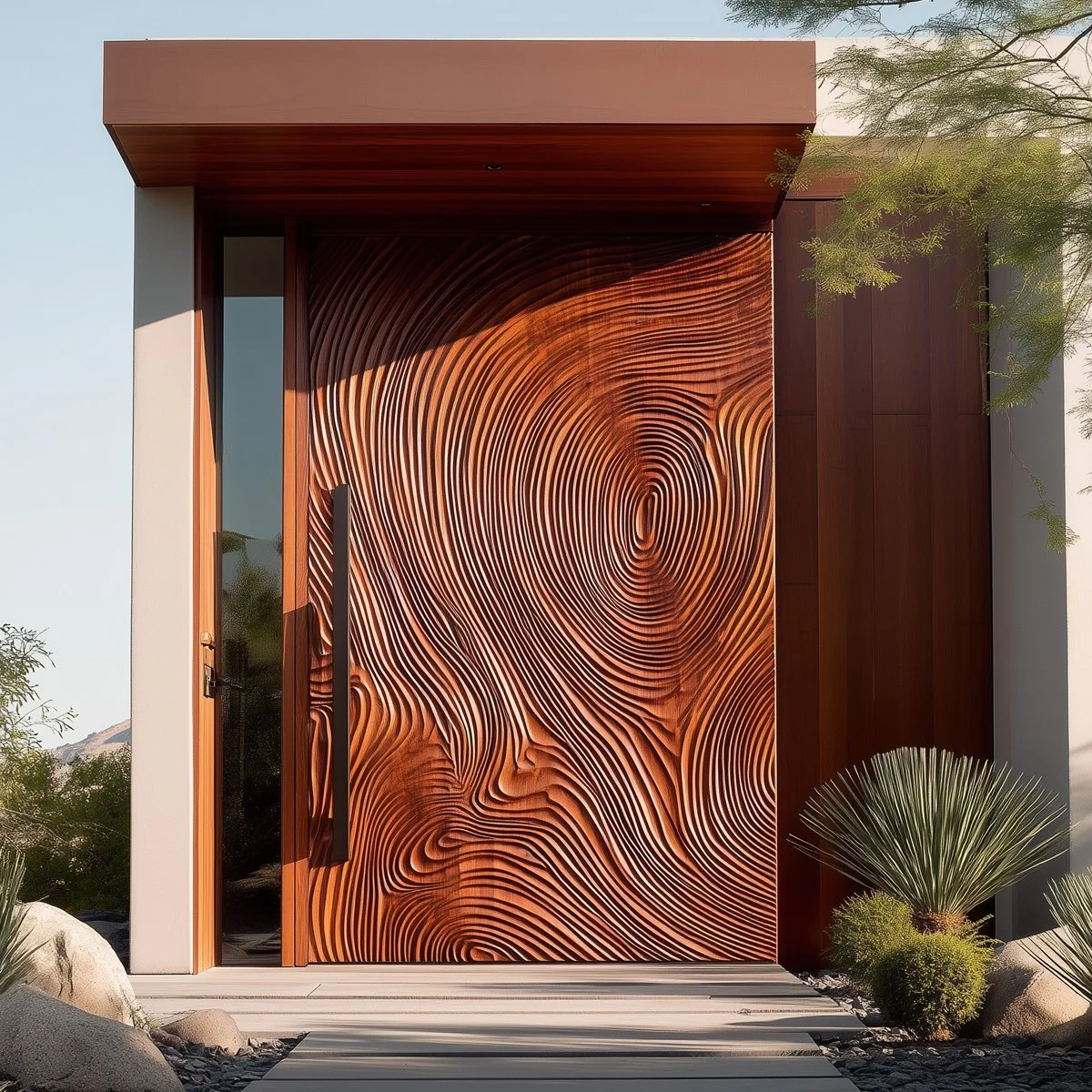 Saumarra carved wood pivot door, installed