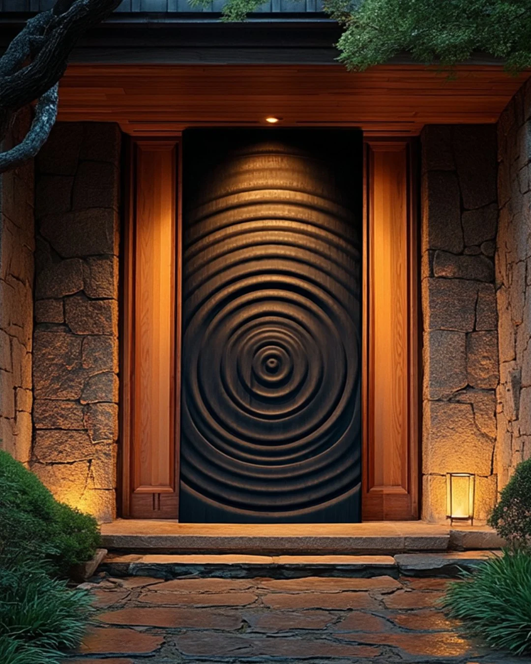 Saumarra carved wood pivot door, installed