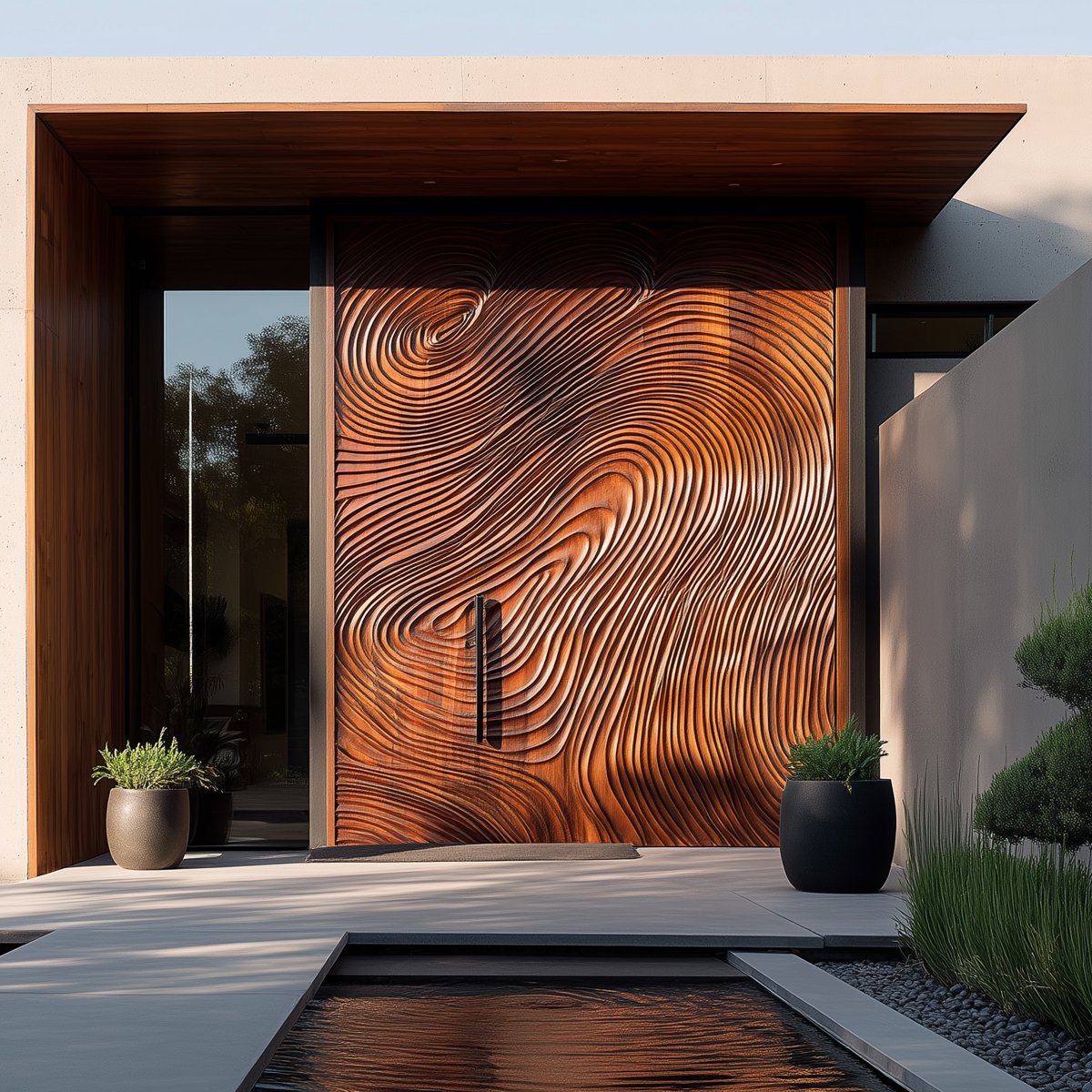 Carved wood pivot door reflected in a still pool