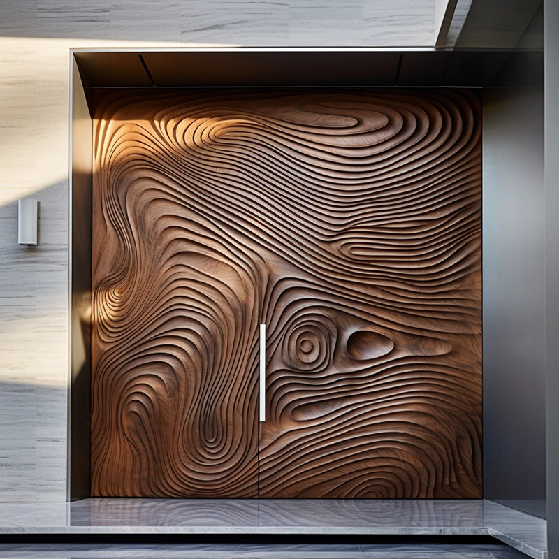 Saumarra carved wood pivot door, installed