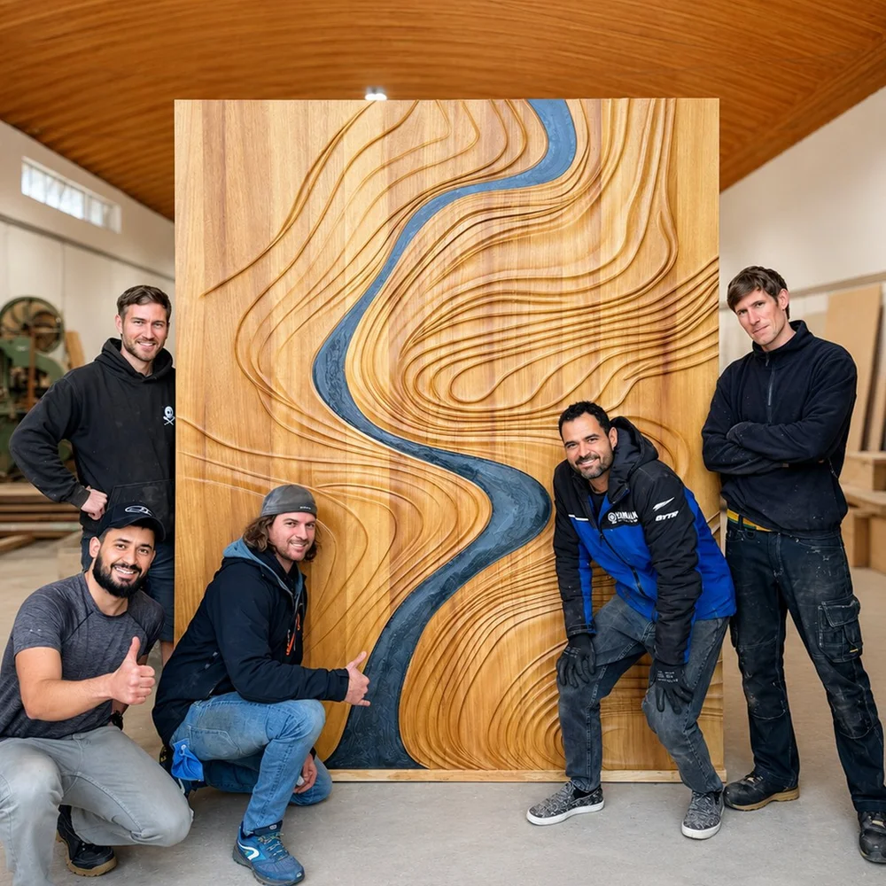 The Saumarra team with a finished carved door