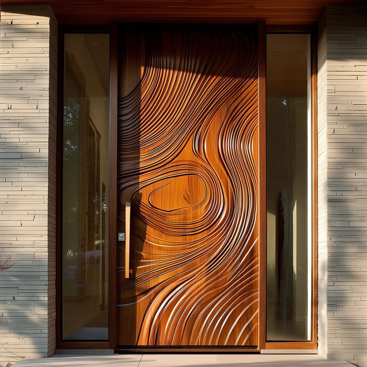 Saumarra carved wood pivot door, installed