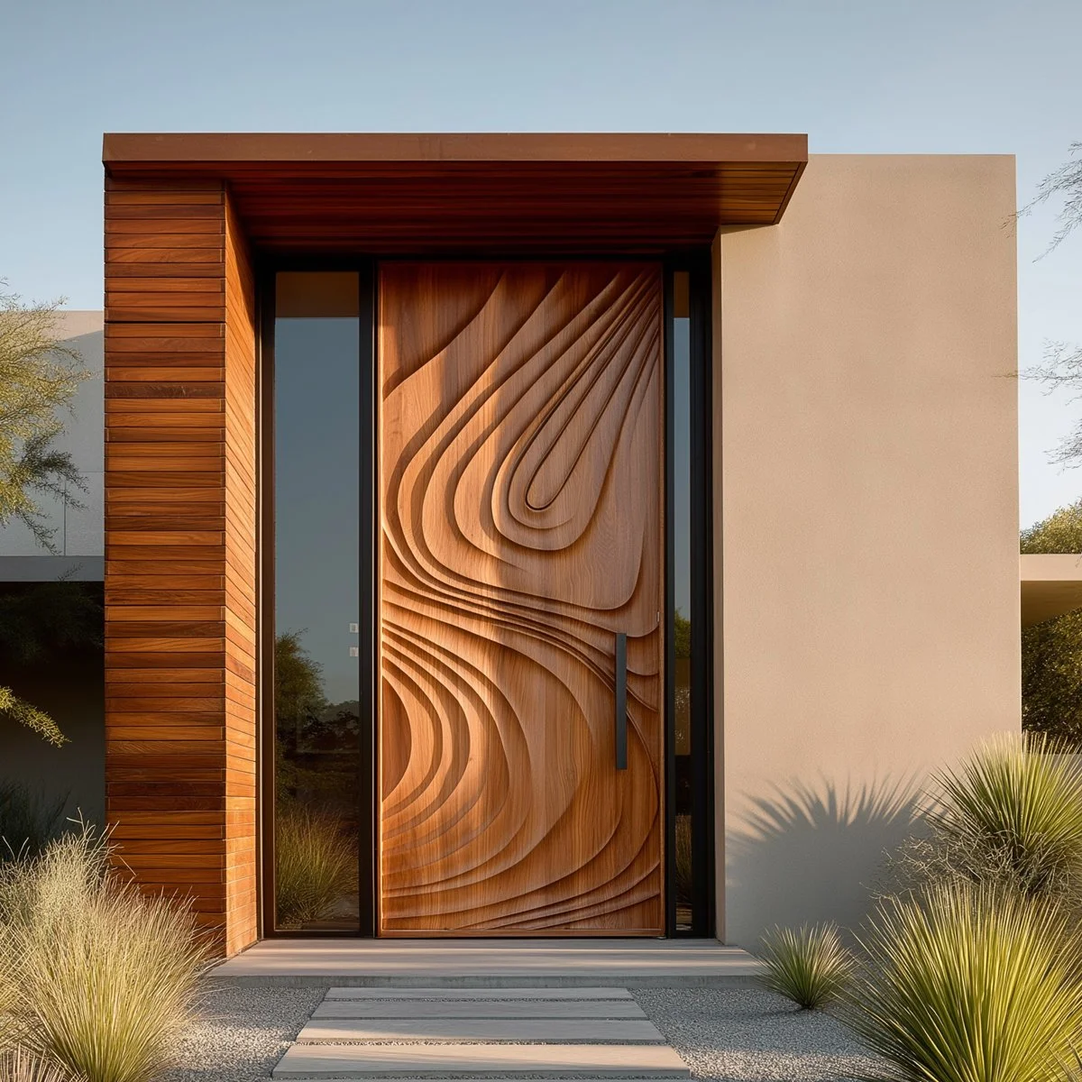 Saumarra carved wood pivot door, installed