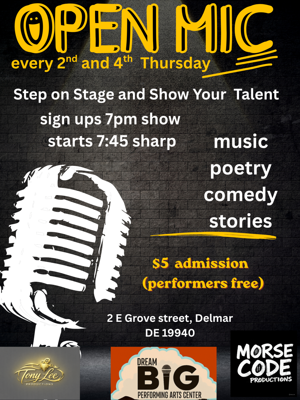 “Open” Open Mic - Music, Poetry, Comedy, Stories - April 9th - 7 PM Sign Up 7:45 PM Show