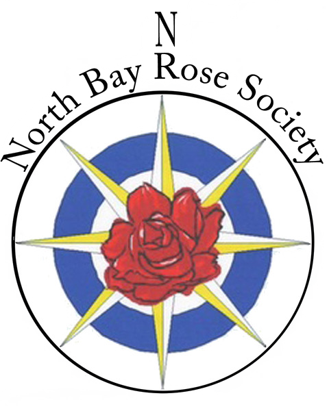 Logo of North Bay Rose Society featuring a red rose at the center, a blue and white compass rose, and the organization's name around the circle.