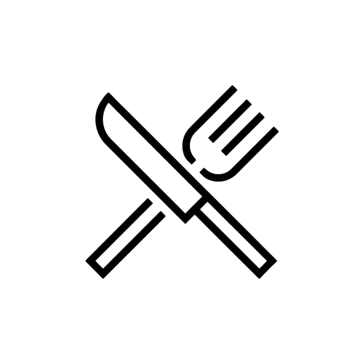 Outline illustration of a knife and fork crossing each other.