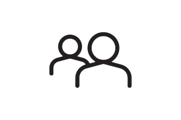 Simple line drawing of three people, two adults and one child, standing together.