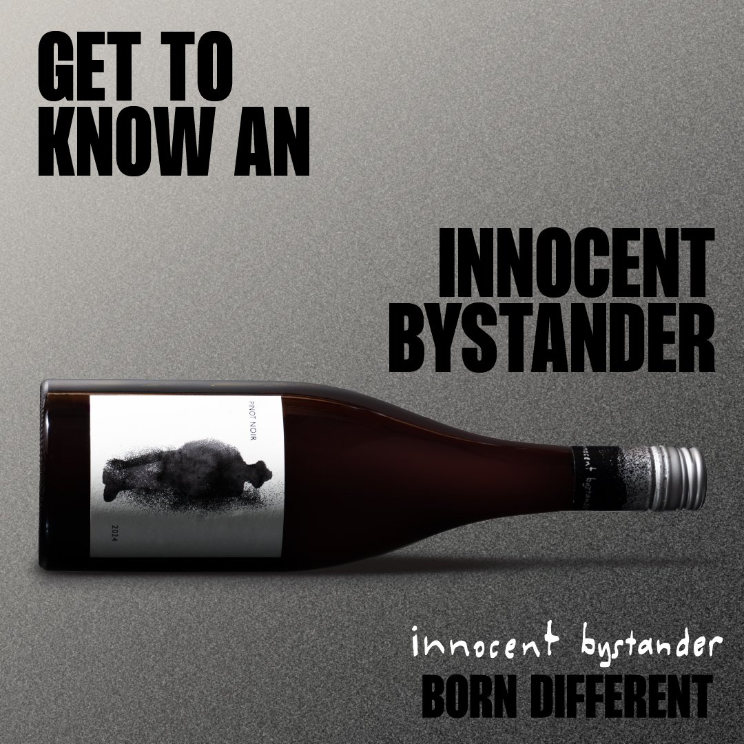 A horizontal bottle lying on gray textured surface with black and white label showing a bear silhouette, with text overlay encouraging getting to know an innocent bystander labeled 'Born Different'.