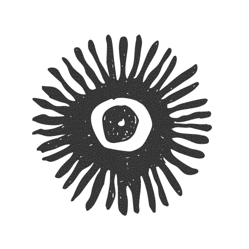 A stylized black and gray drawing of a sun with radiating lines and a circular center with a smaller circle inside.