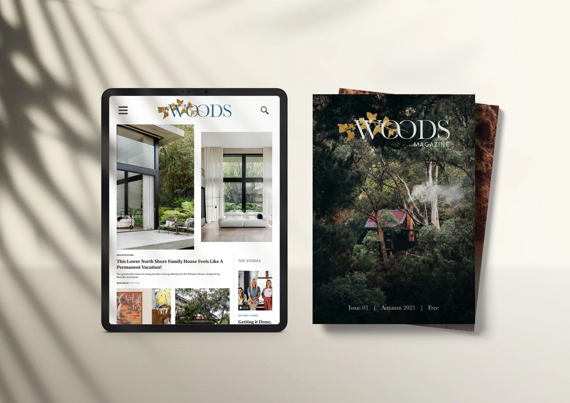 A tablet displaying an online magazine website next to a printed magazine, both titled 'WOODS' with nature-themed cover images, on a white surface with soft shadows.