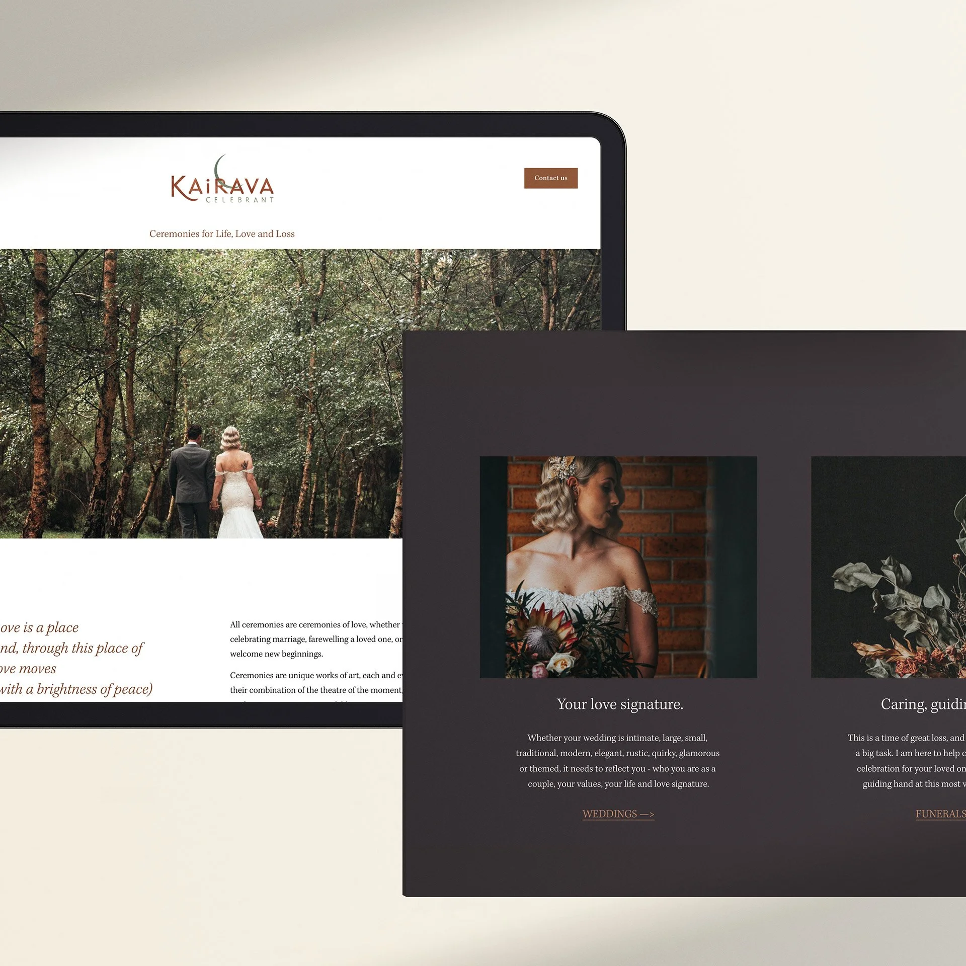 Website page about wedding ceremonies and funeral services, featuring images of a wedding couple walking in a forest and a woman with flowers, with elegant dark and light background sections.