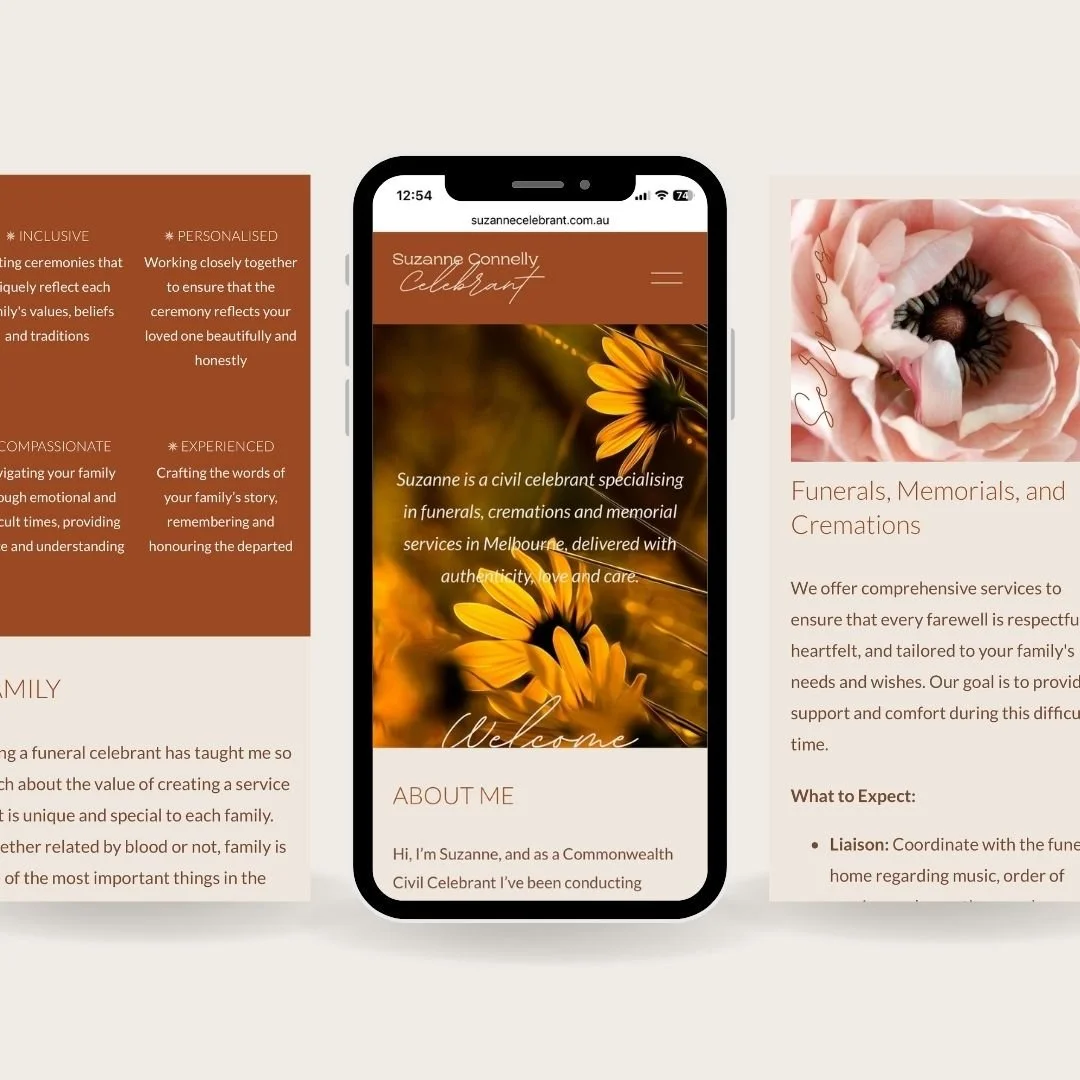 A website on a mobile phone screen showcasing a civil celebrant named Suzanne Connelly, with a background image of yellow flowers. The site mentions services for funerals, memorials, and cremations, and includes sections about the celebrant's approach, values, and contact information.