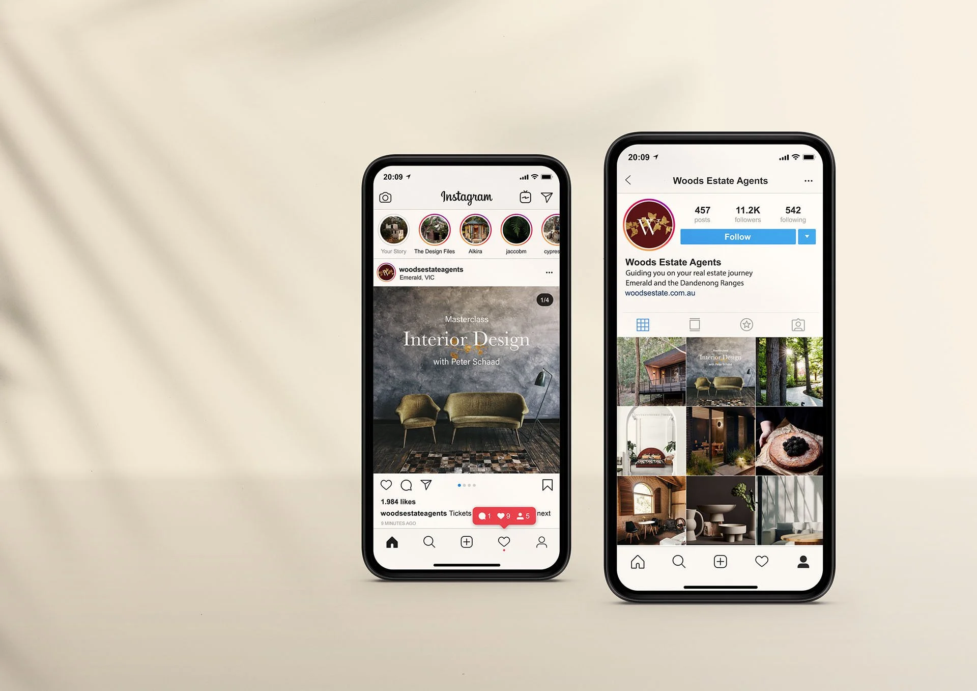 Two smartphone screens displaying social media profiles related to interior design and real estate. The left screen shows an Instagram profile with a post about interior design masterclass, while the right screen shows a real estate agent's profile with property photos.