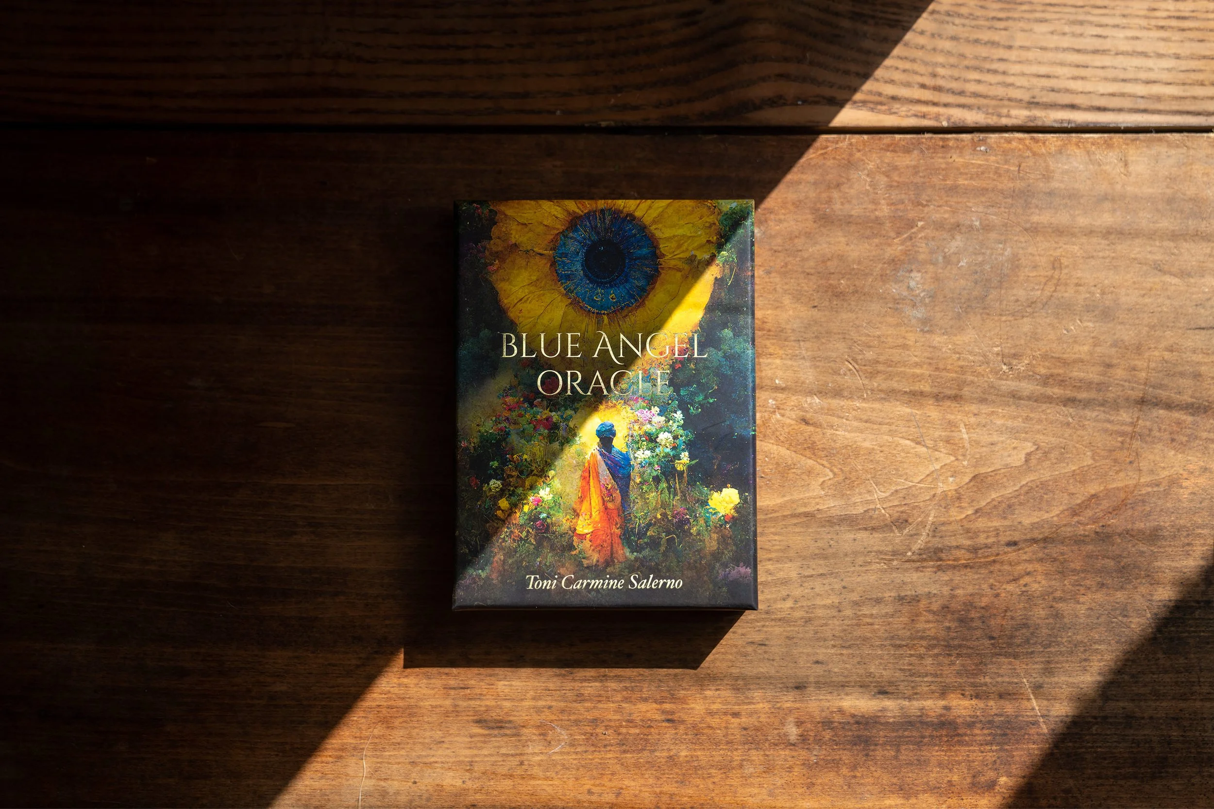 A colorful book titled 'Blue Angel Oracle' by Toni Carmine Salerno on a wooden surface, illuminated by sunlight with a shadow across part of the cover.