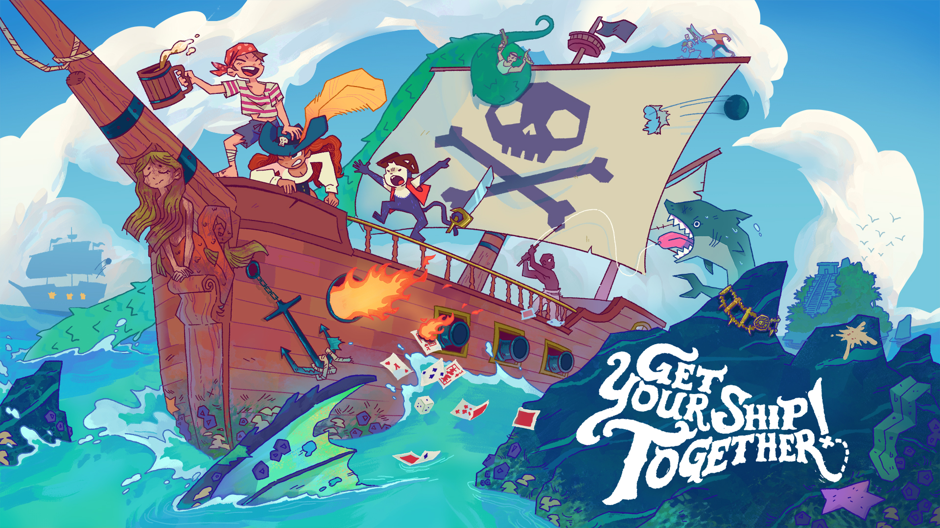 Colorful cartoon pirate ship sailing through rough seas with pirates, a shark, cannon fire, and the text “Get Your Ship Together.”
