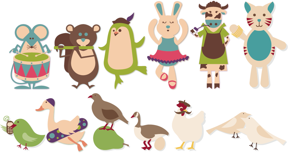 illustrations of animals from the song "the 12 days of Christmas"