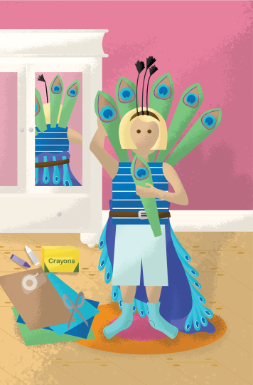 little girl in her room constructing a peacock costume out of her art supplies