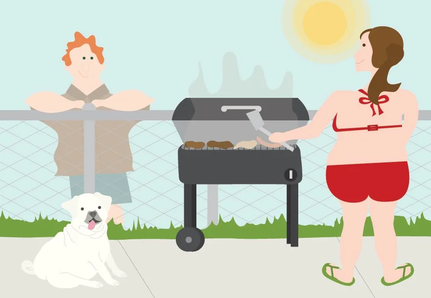 chubby woman bbqing in a bikini while chatting with her male neighbor over the fence and a little dog is sweating