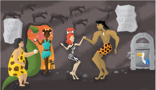 cave people at a prehistoric dance club inside a cave