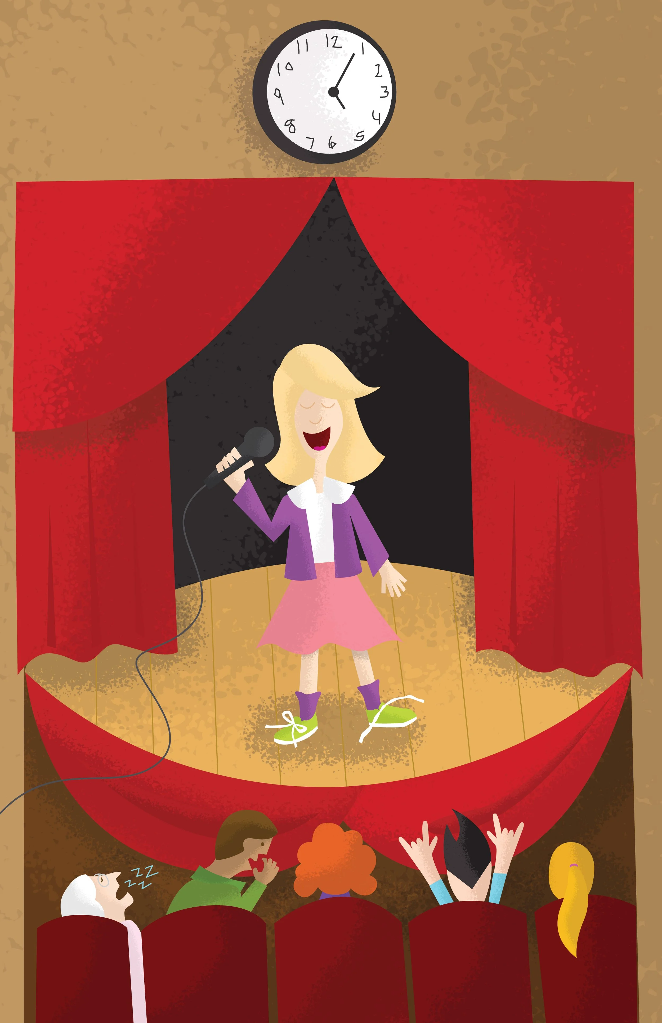 a girl singing on a stage at a school with an untied shoelace