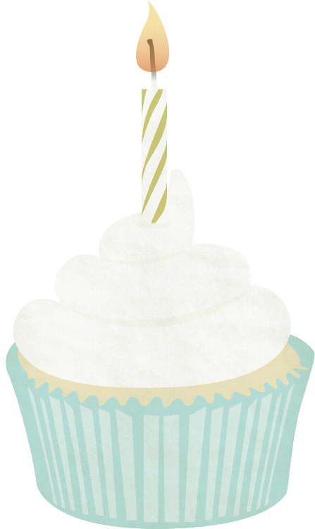 cupcake with white frosting, blue wrapper and a lit candle