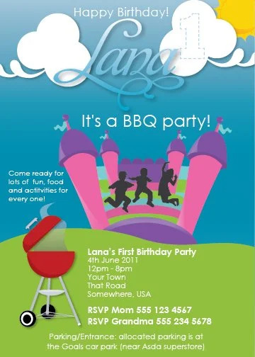 kids birthday invite featuring a bouncy house