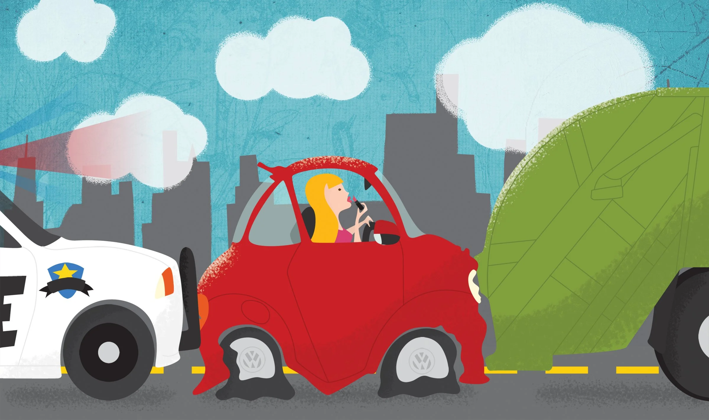 a woman applying lipstick in her rearview mirror causes a traffic accident