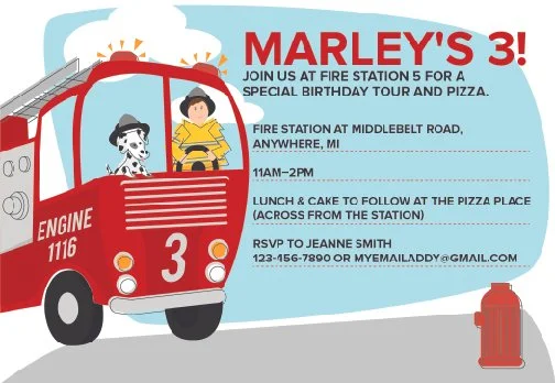 kids fireman themed birthday party invite